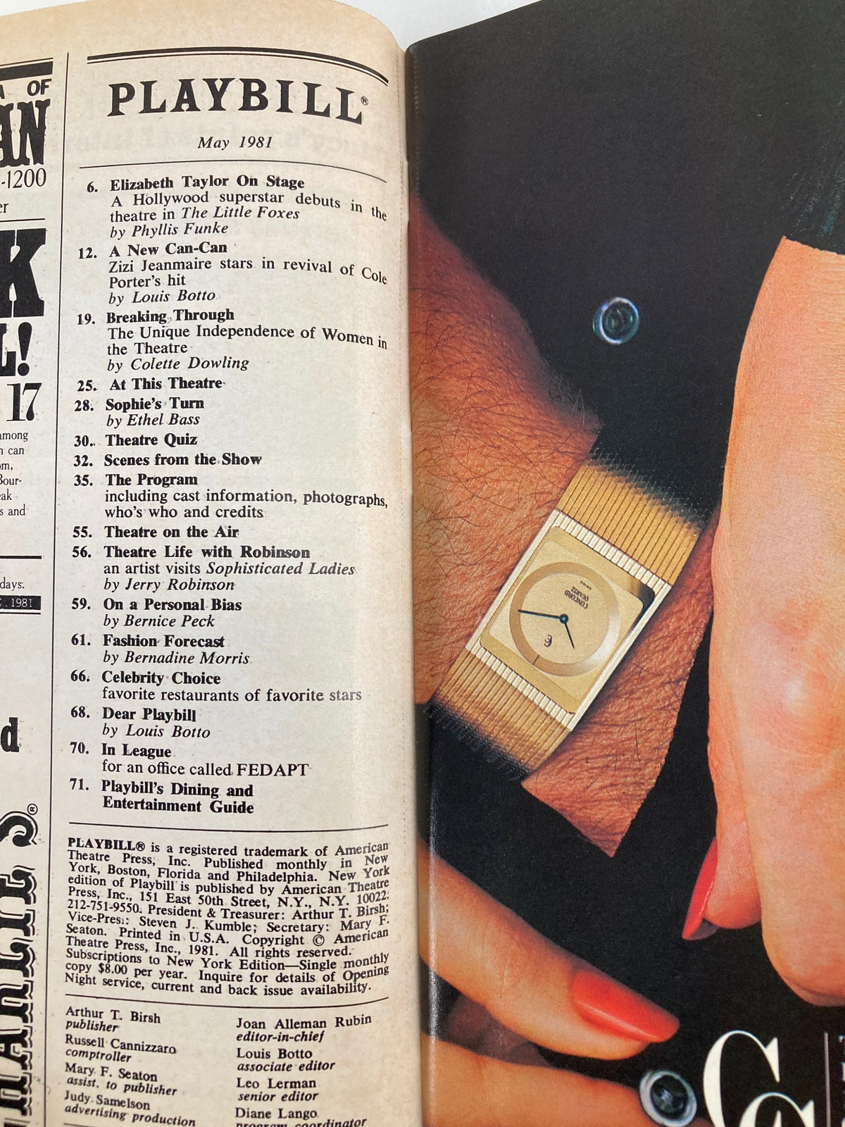 1981 Playbill May edition featuring Lauren Bacall in Woman of the Year, highlighting the table of contents and images from the production.