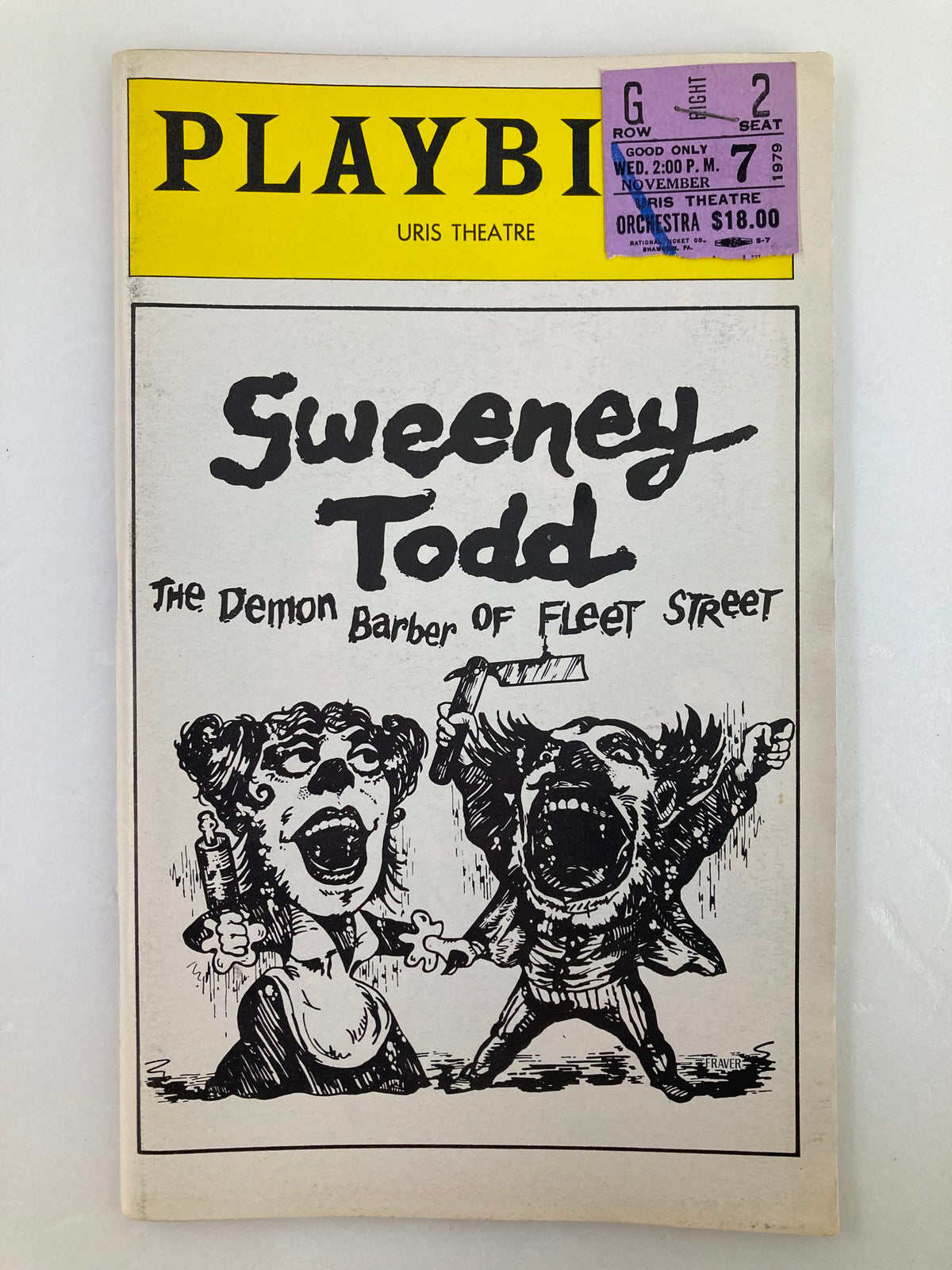 1979 Playbill for Sweeney Todd at Uris Theatre featuring artistic illustration of characters, including a barber and an accomplice, and a ticket stub attached.