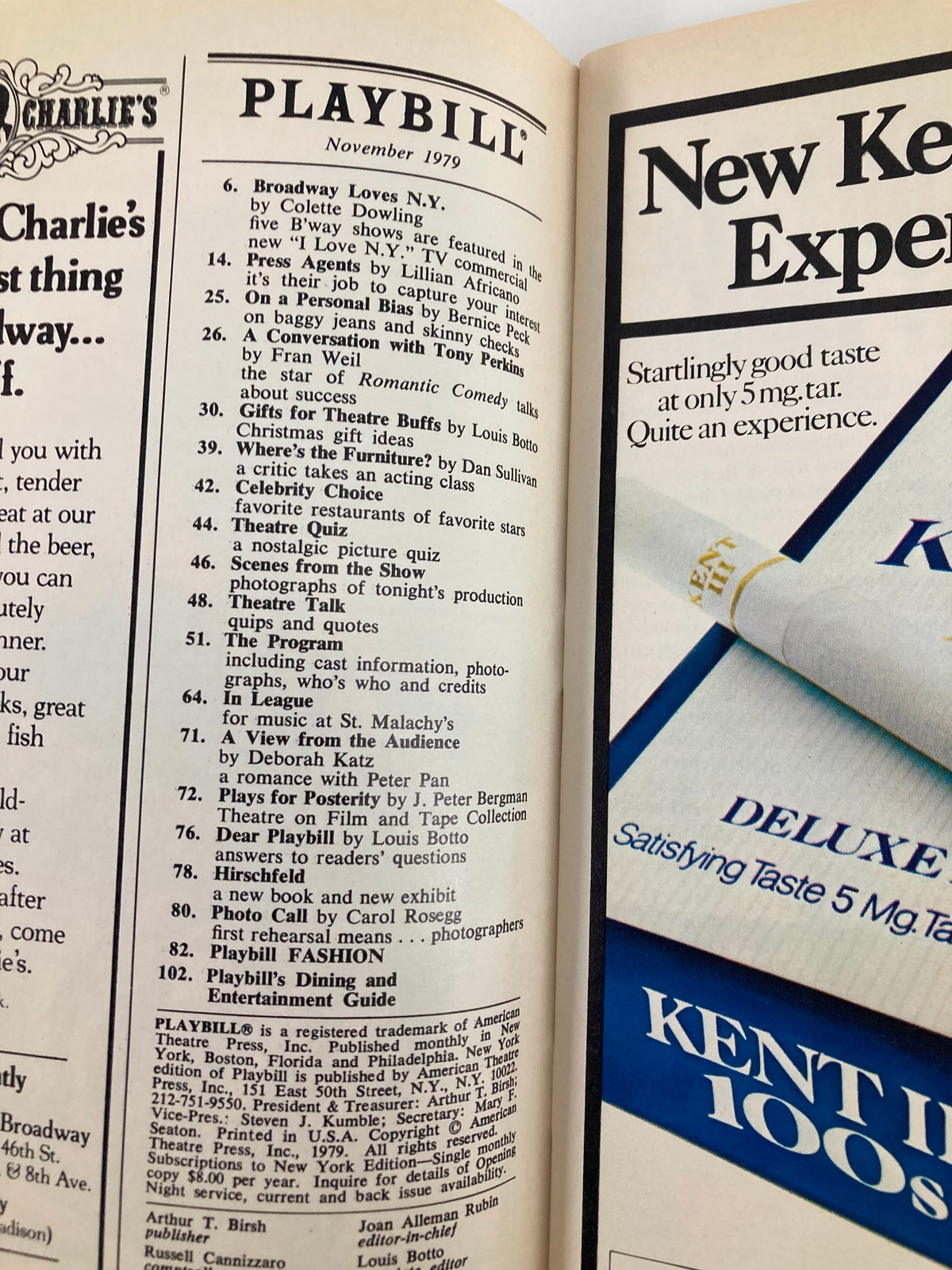 1979 Playbill for Sweeney Todd at Uris Theatre featuring listings of shows and advertisements, highlighting the original Broadway cast including Angela Lansbury and Len Cariou.