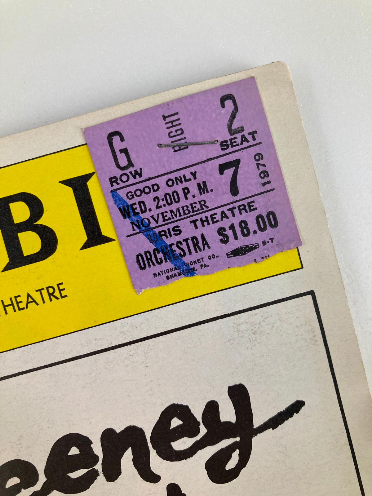 1979 ticket stub for Sweeney Todd at Uris Theatre, indicating seat and performance details, showcasing a piece of theatrical memorabilia.