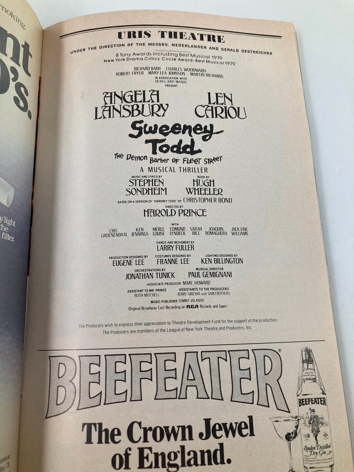 Interior page from the 1979 Playbill for Sweeney Todd, featuring key information about the musical, cast members Angela Lansbury and Len Cariou, and production credits.