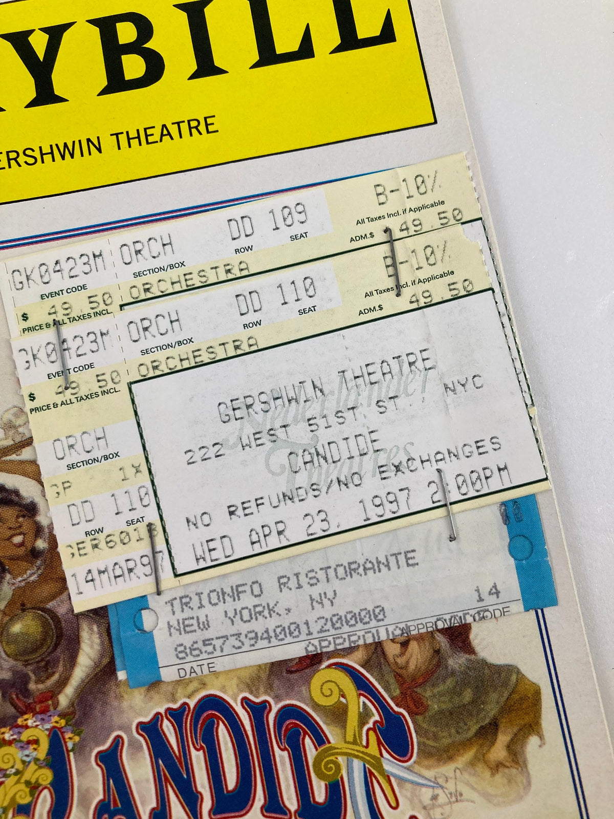 Close-up of the 1997 Playbill for Candide with ticket details from the Gershwin Theatre.