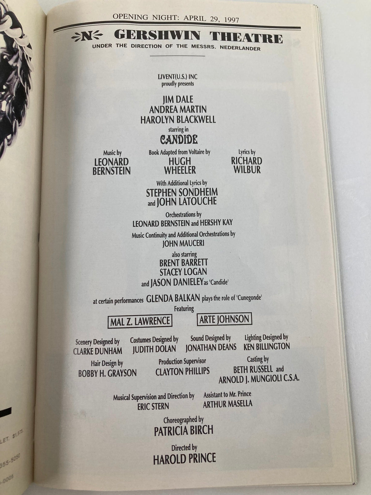 Interior page of the 1997 Playbill for Candide at Gershwin Theatre, featuring cast members Jim Dale and Harolyn Blackwell, including director Harold Prince and other production details.