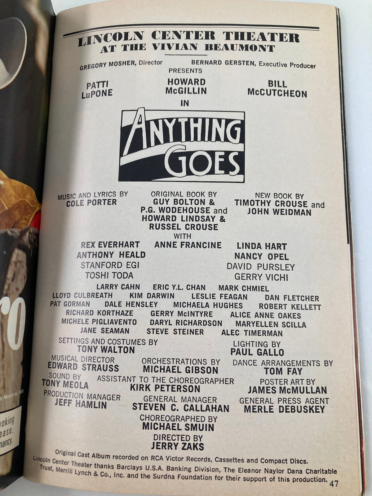 Second interior page of the 1988 'Anything Goes' Playbill, detailing the cast and creative team involved in the Lincoln Center Theatre production.