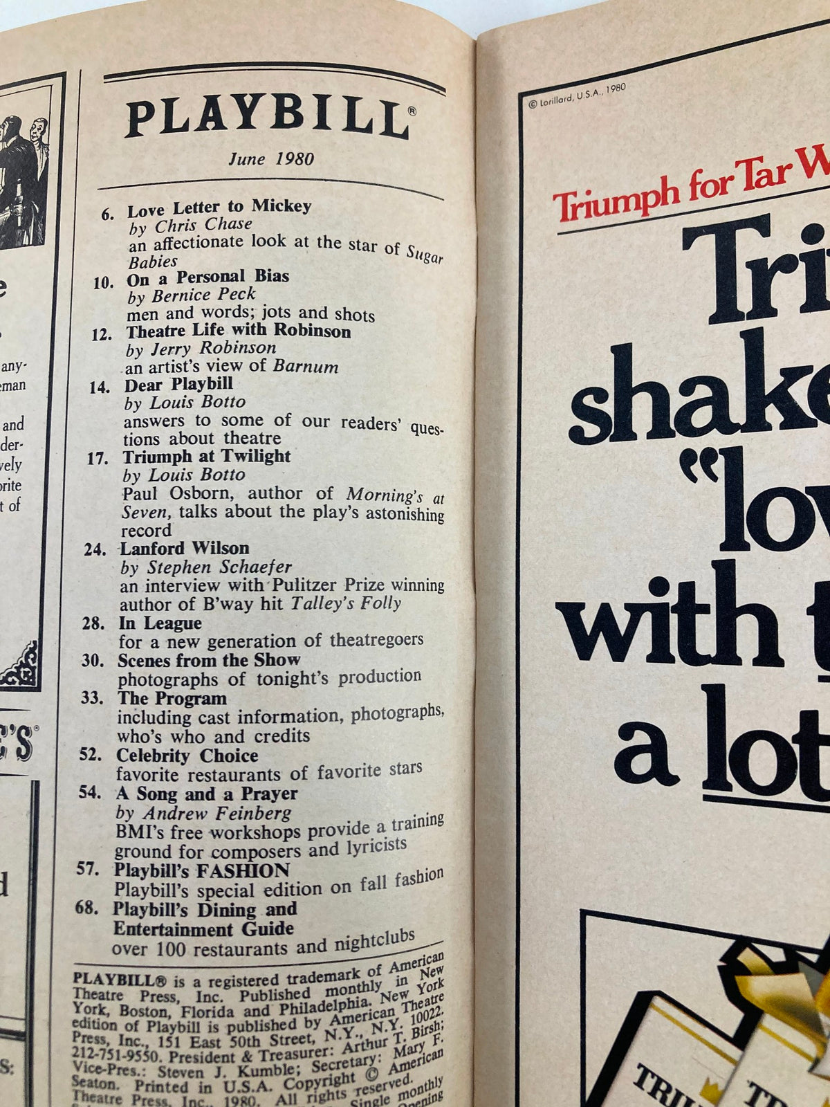 Inside page of the 1980 Playbill for Talley's Folly, displaying the contents and features of the play, including pages dedicated to upcoming performances.