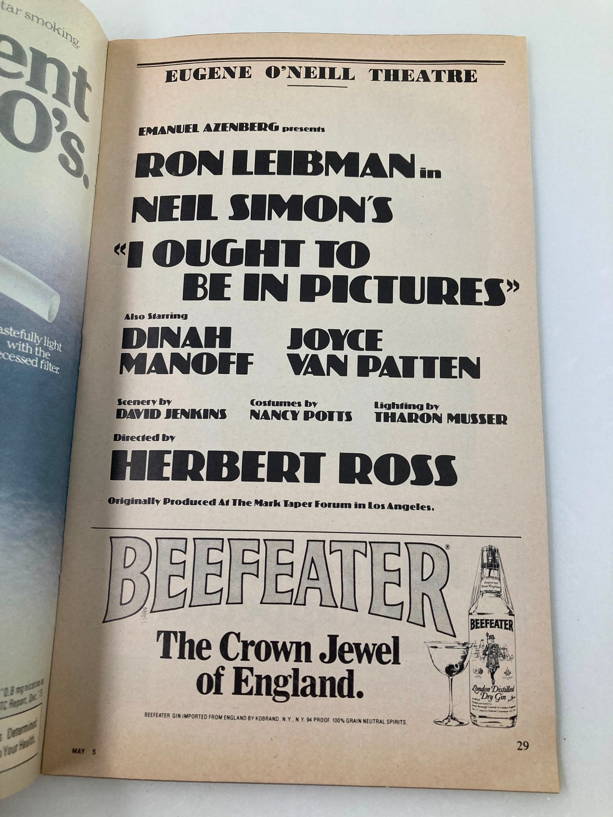 Theatre credits page from the 1980 Playbill at Eugene O'Neill Theatre for 'I Ought To Be In Pictures' starring Ron Leibman.