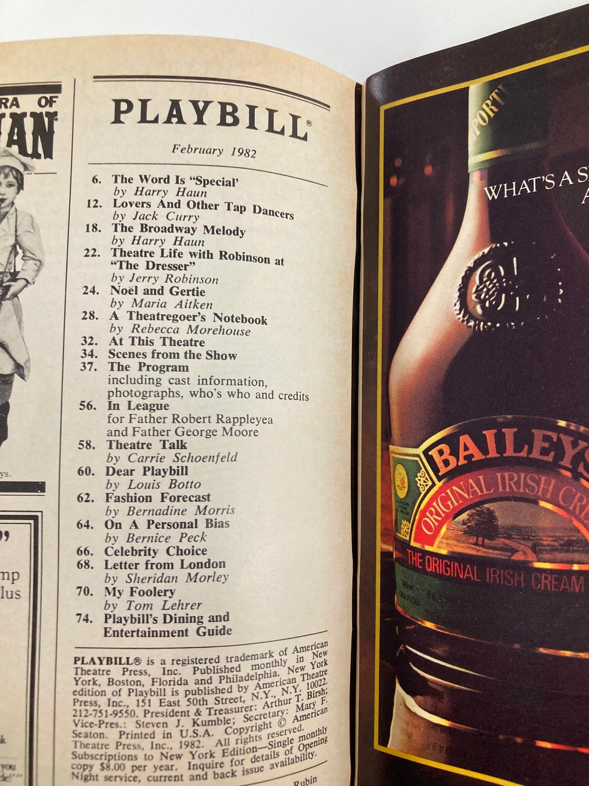Inside page of the February 1982 Playbill for Duke Ellington's Sophisticated Ladies, featuring a list of performances and articles.