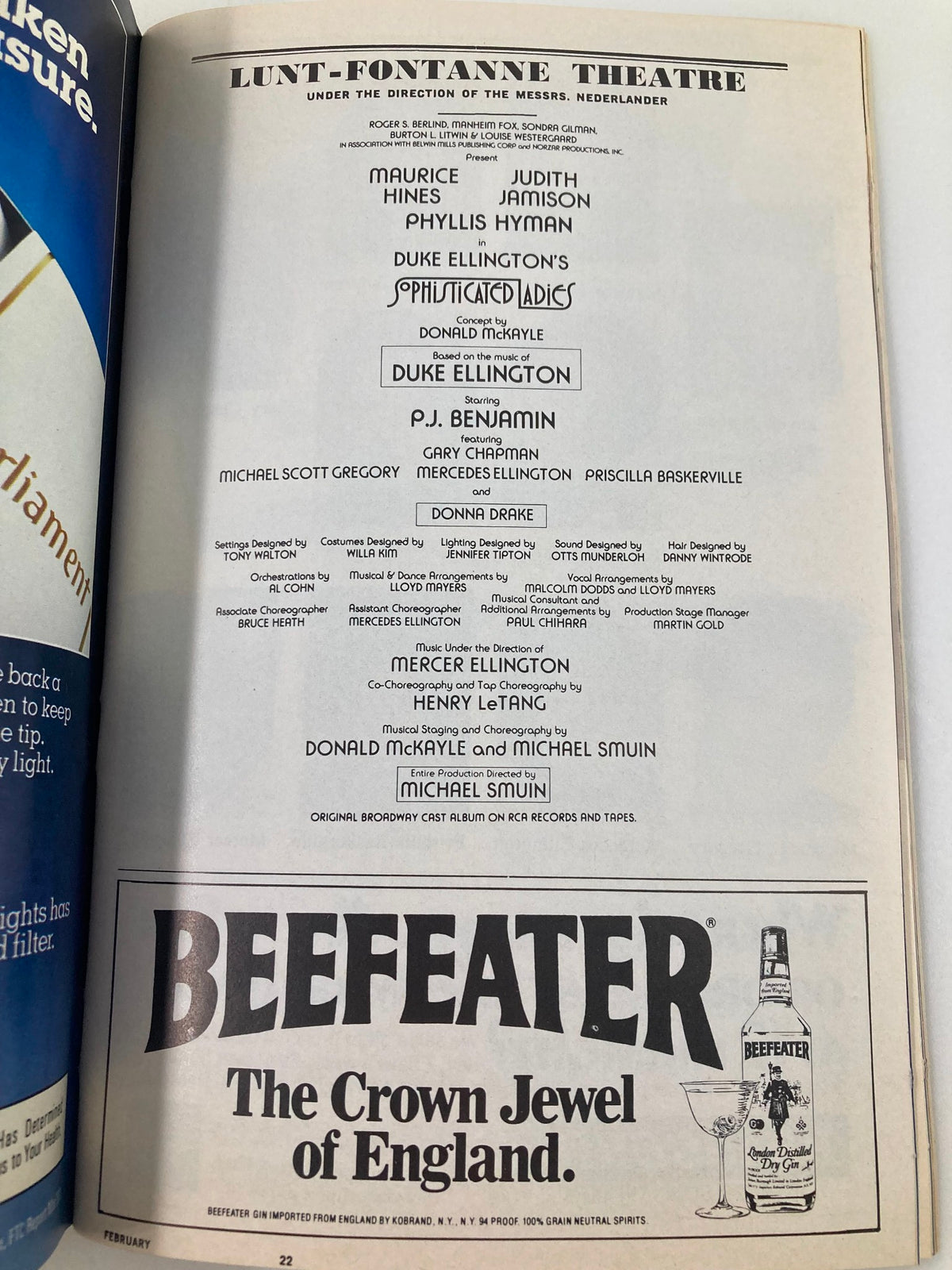 Page from the February 1982 Playbill of Duke Ellington's Sophisticated Ladies at the Lunt-Fontanne Theatre, showcasing Duke Ellington and advertisements.