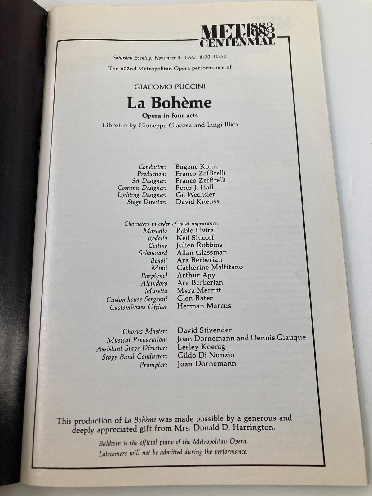 Details of the 1983 Stagebill Lincoln Center for the performance of Giacomo Puccini's La Boheme, listing the opera's cast and production team.