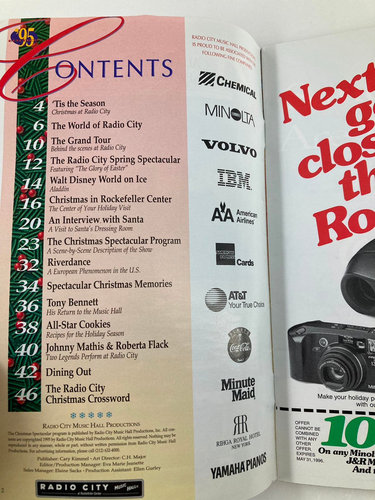 Contents page of the 1995 Souvenir Program Radio City Christmas Spectacular The Rockettes, featuring a detailed table of contents.