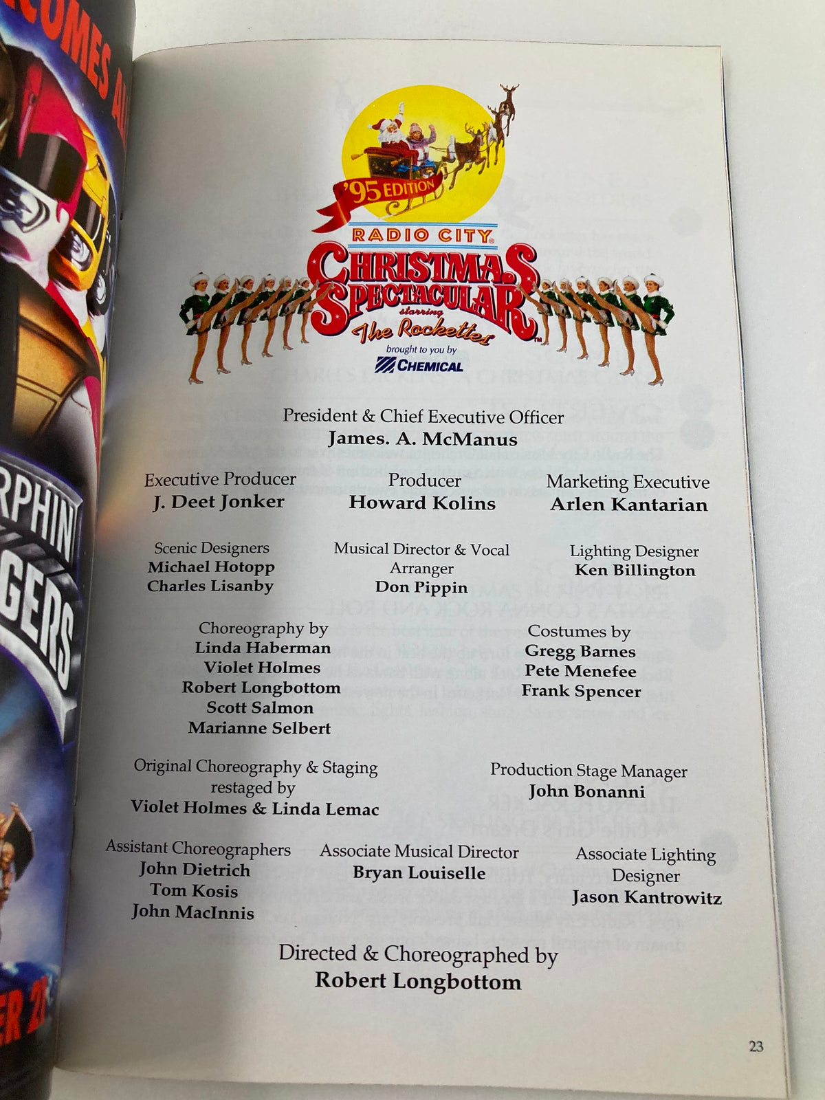 Credits page of the 1995 Souvenir Program Radio City Christmas Spectacular The Rockettes, including production team and choreography details.