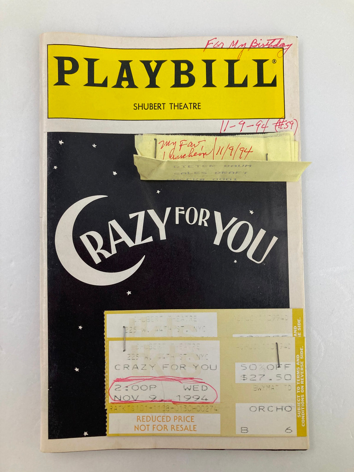 1994 Playbill for Crazy for You from the Sam S. Shubert Theatre showcasing the cover design and ticket details with handwritten notes.