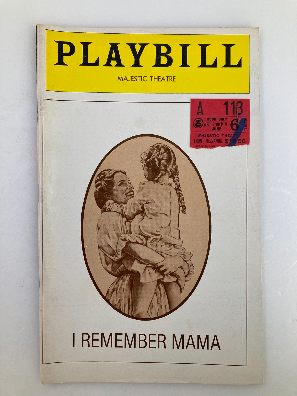1979 Playbill for I Remember Mama at the Majestic Theatre featuring Luv Ullmann and George Irving with a vintage design and a ticket stub attached.