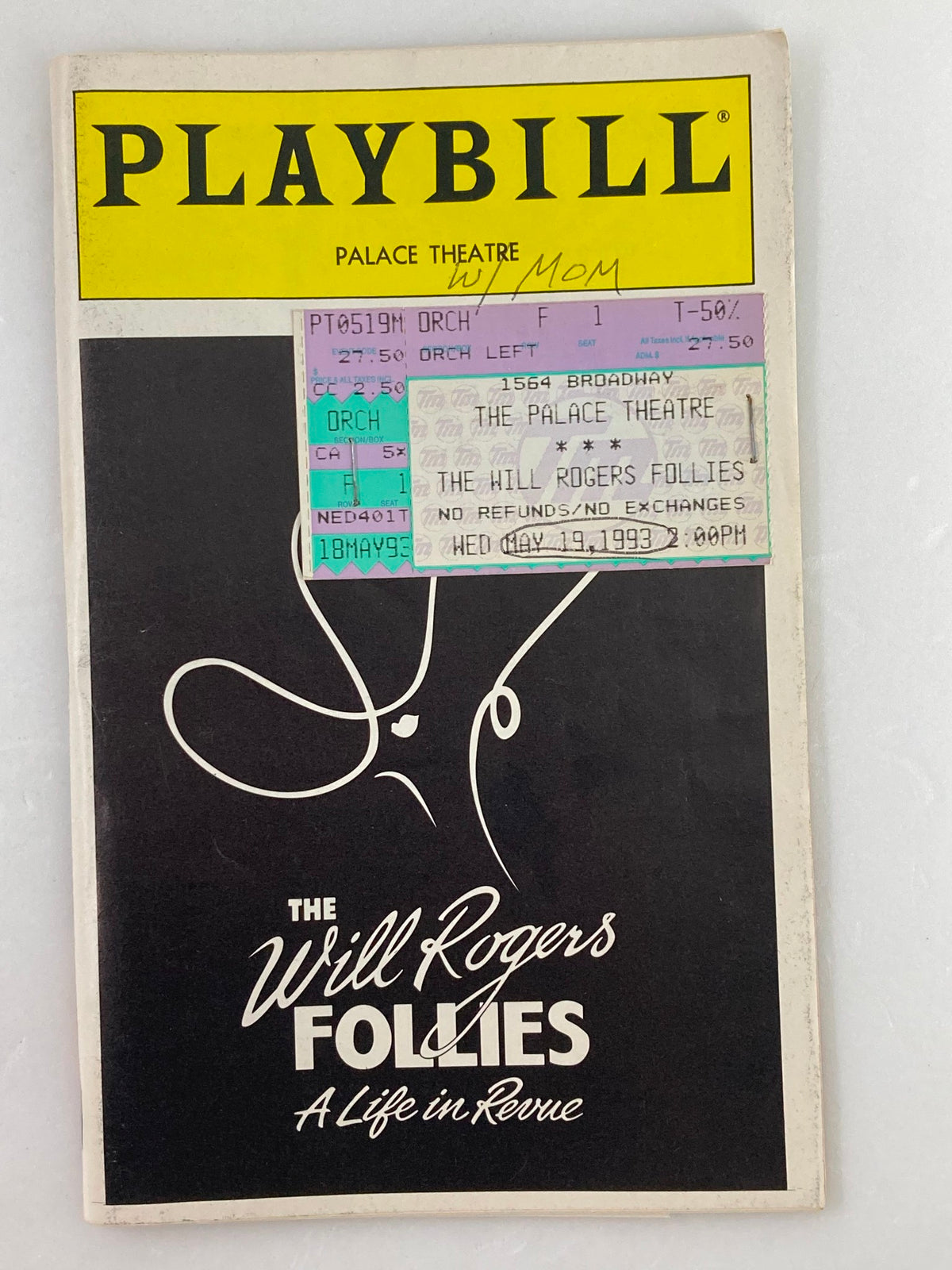 1993 Playbill from the Palace Theatre featuring Larry Gatlin and Gregory Peck in Will Rogers Follies, showcasing a ticket stub and handwritten note.