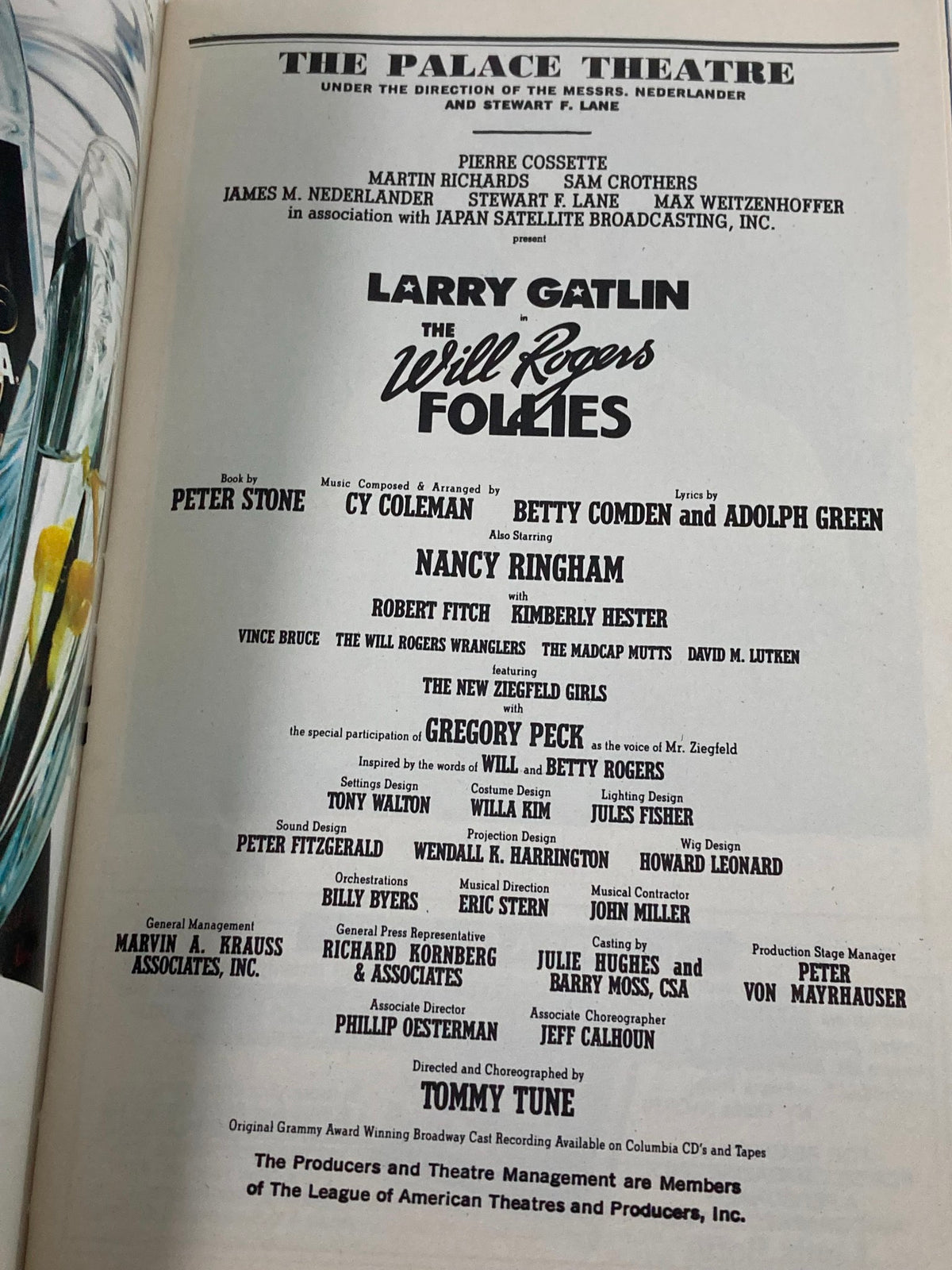 Cast list for the 1993 production of Will Rogers Follies in the Playbill from the Palace Theatre, featuring Larry Gatlin and Gregory Peck.