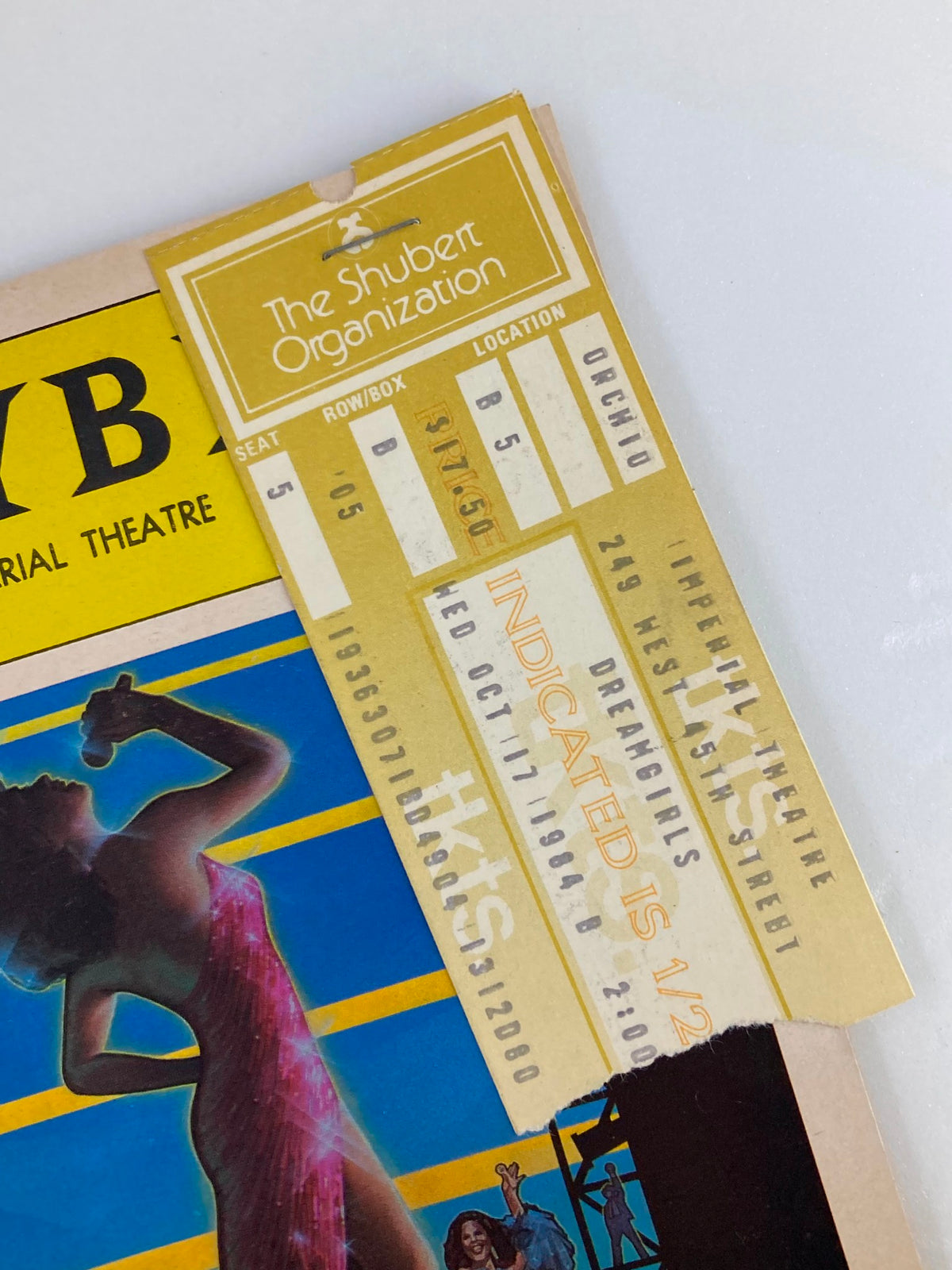 Close-up of the ticket for 'Dreamgirls' at the Imperial Theatre, dated October 17, 1984, showing seat details.