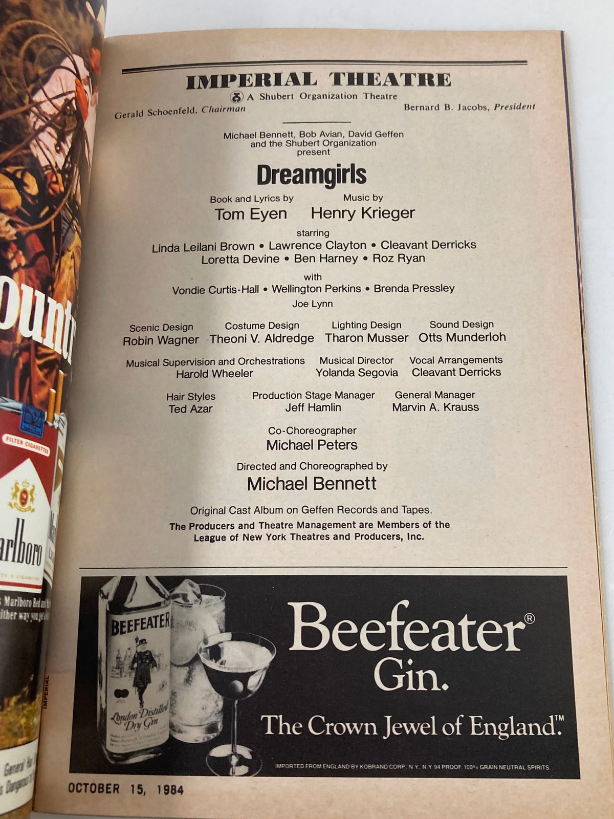Another interior page of the 1984 Playbill for 'Dreamgirls' detailing the cast, crew, and production team.