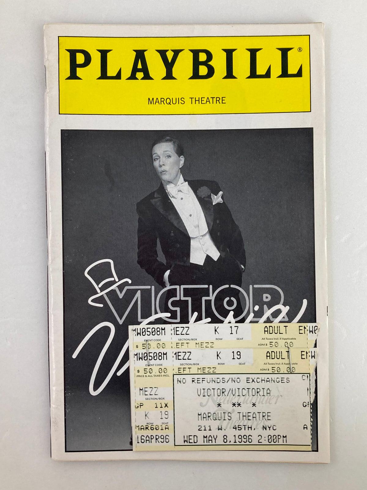 1996 Playbill for Victor/Victoria at the Marquis Theatre featuring Julie Andrews and Tony Roberts, showcasing the musical's title and star cast.