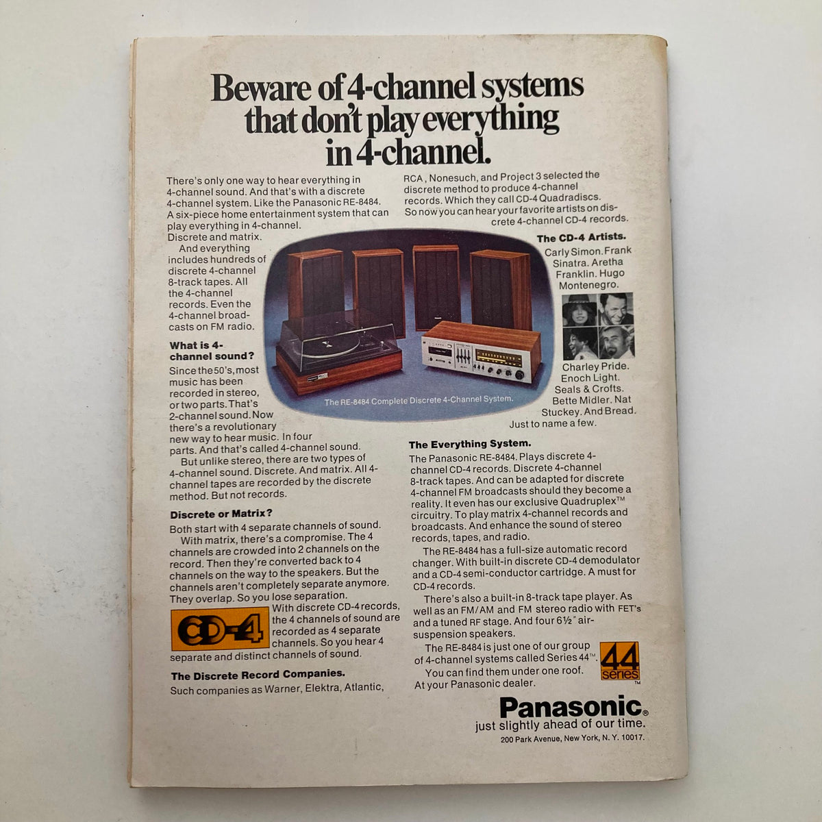 Back cover of VTG Playboy Magazine April 1974, featuring an advertisement for Panasonic's 4-channel audio systems, reflecting the technology trends of the time.