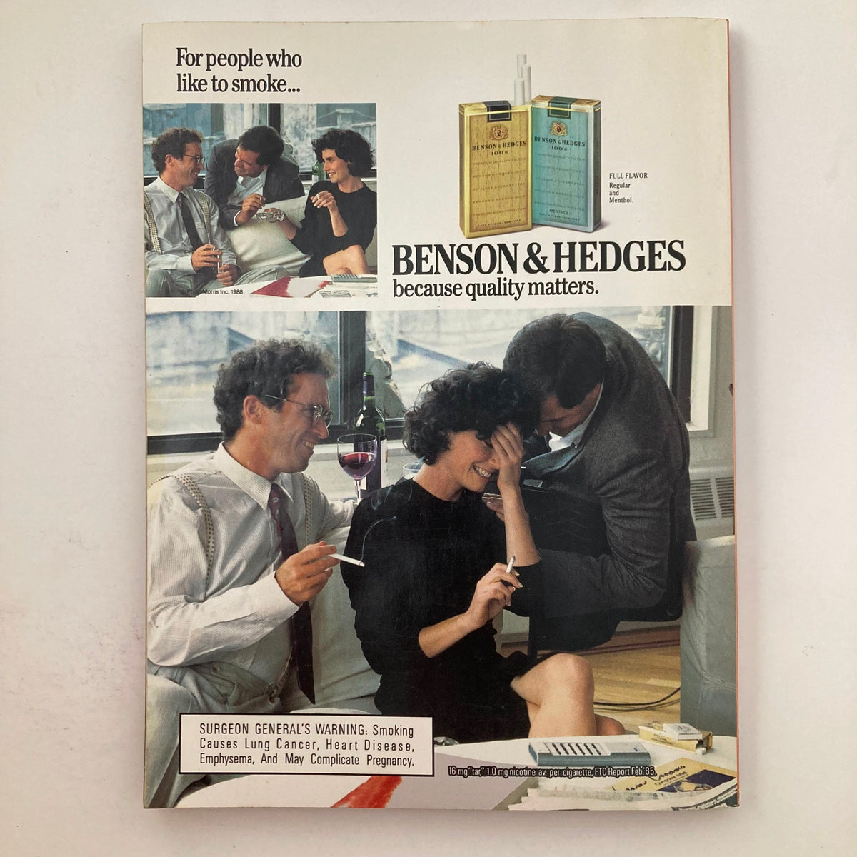 Back cover of the VTG Playboy Magazine September 1988 displaying a vintage advertisement for Benson & Hedges cigarettes, illustrating the style and culture of the late 1980s.
