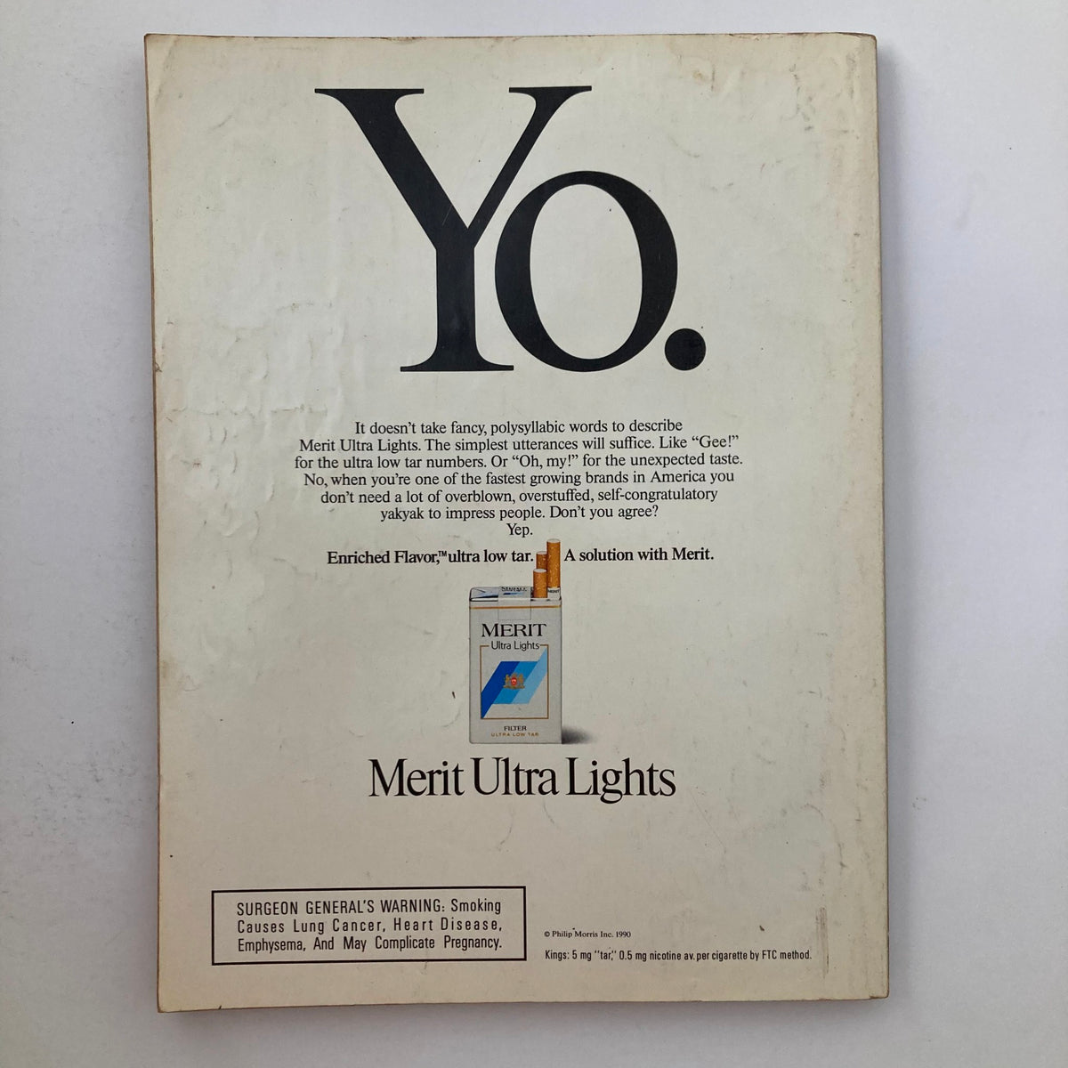 Back cover of the VTG Playboy Magazine September 1990, displaying an advertisement for Merit Ultra Lights cigarettes with a retro design and tagline.