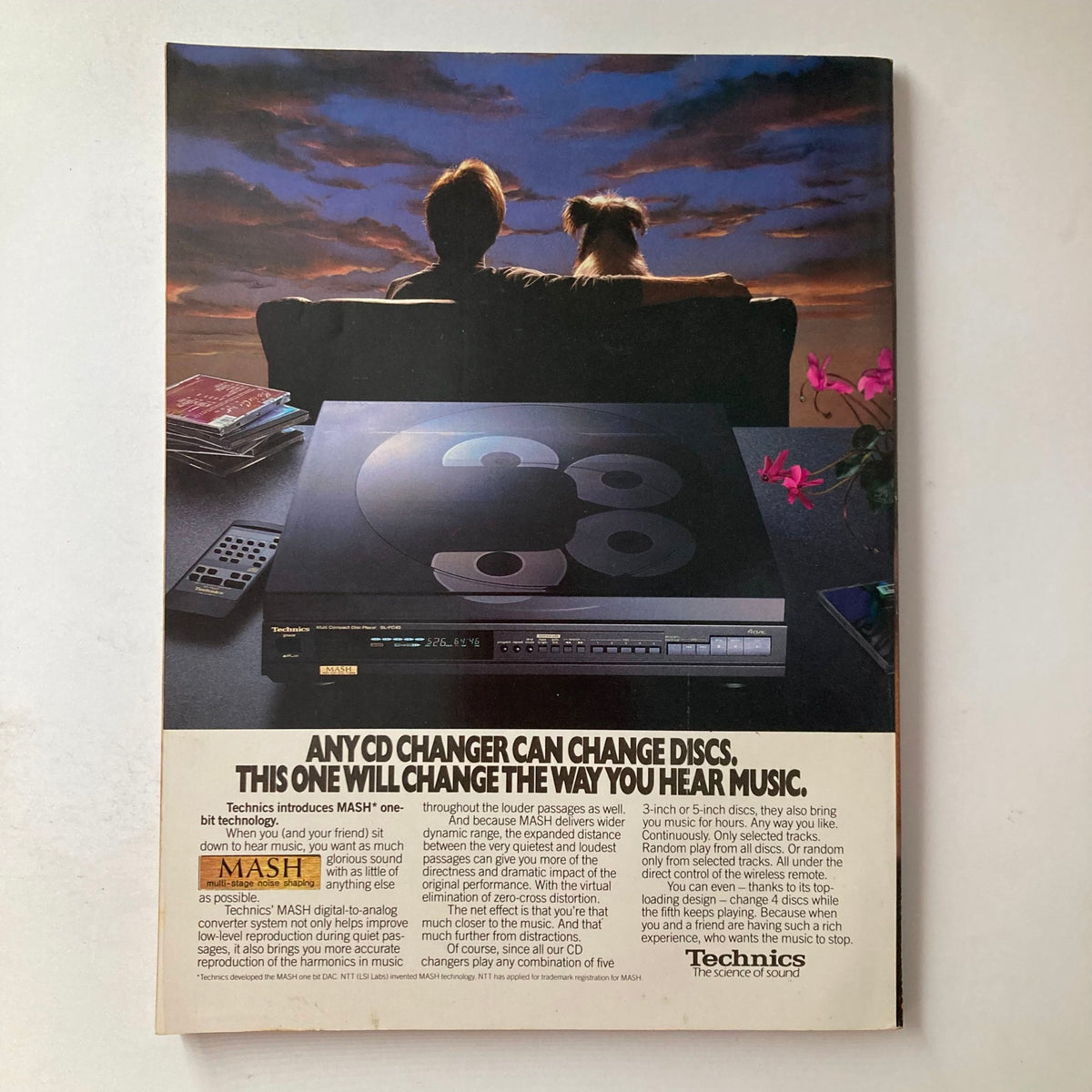Back cover of VTG Playboy Magazine November 1990, showcasing a Technics CD changer advertisement with a serene couple and a dog.