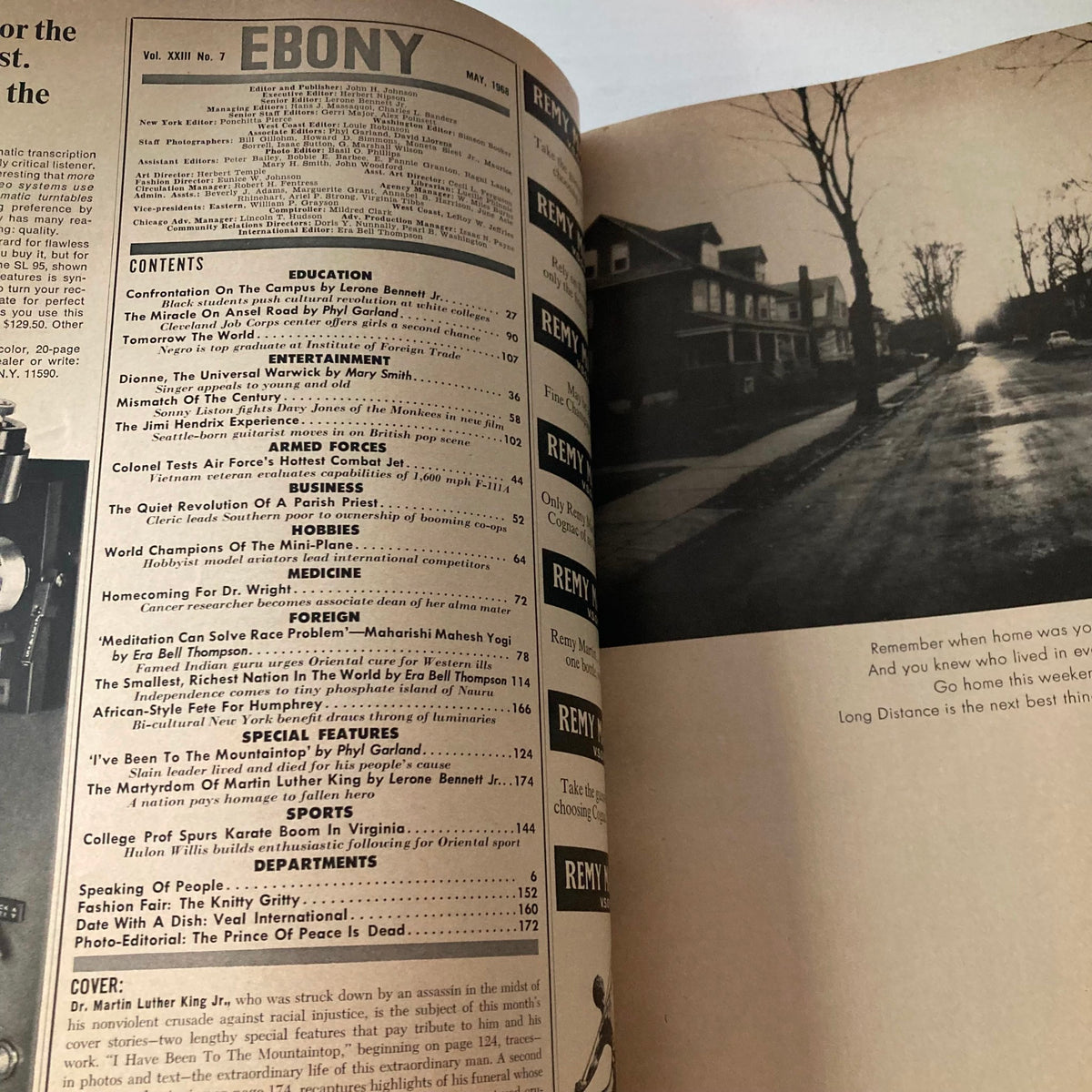 Interior page of VTG Ebony Magazine May 1968 showing the table of contents and articles related to the civil rights movement.