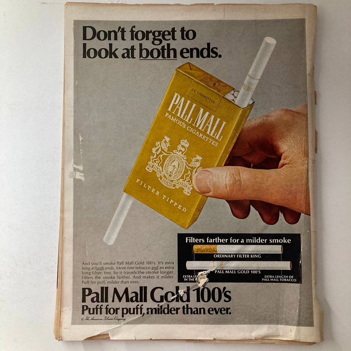 Back advertisement page of VTG Ebony Magazine May 1968 featuring an ad for Pall Mall Gold 100's cigarettes.
