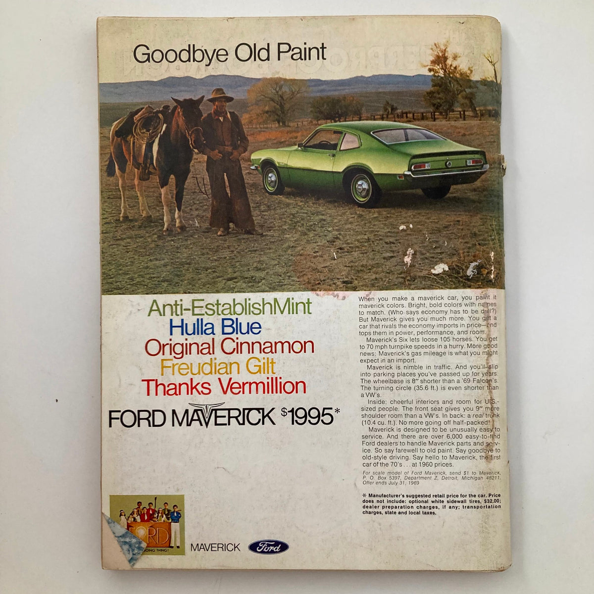 Cover of Ford Maverick advertisement titled Goodbye Old Paint, highlighting the car's vibrant colors and retro theme.