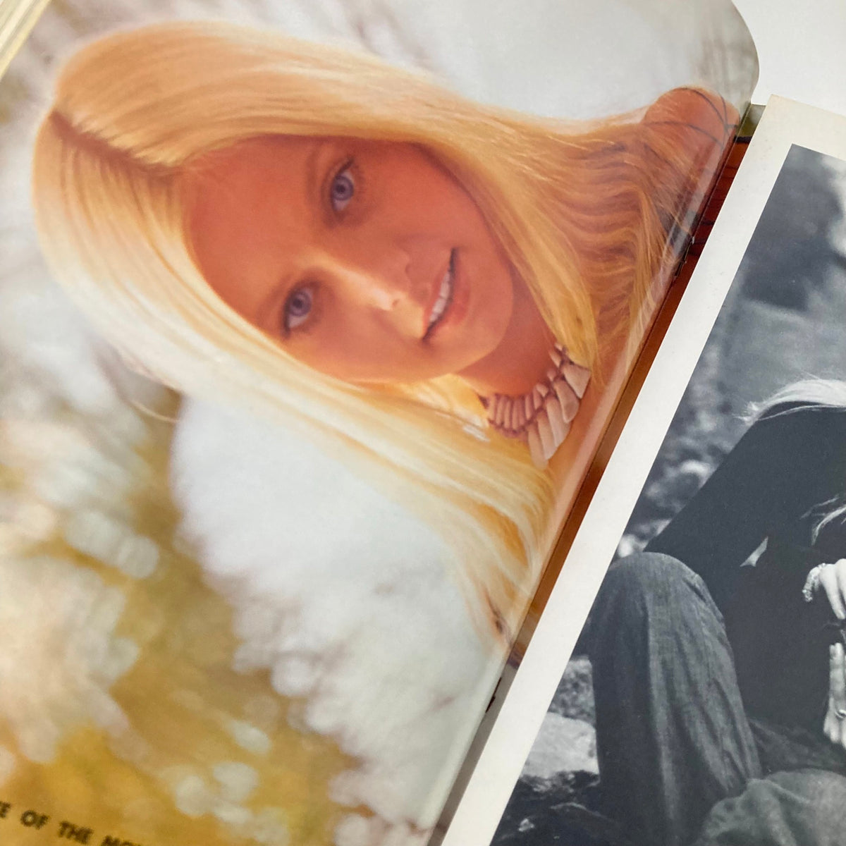 Inside of VTG Playboy Magazine May 1973 showing a beautiful blonde model with long hair and a necklace, highlighting the era's glamorous photography.