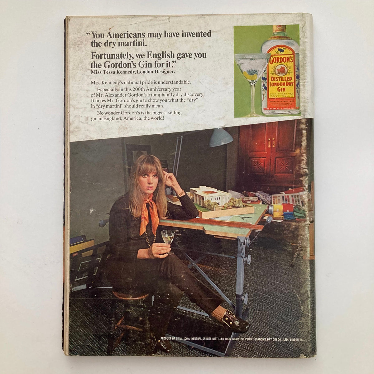 Back cover of VTG Playboy Magazine May 1969 featuring a cocktail advertisement for Gordon's Dry Gin, illustrating 60s design aesthetic.