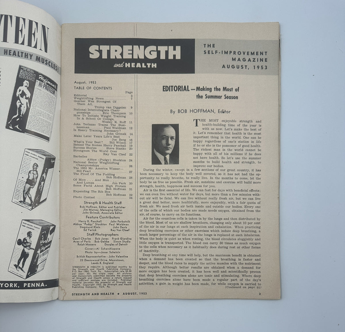 Editorial page from Strength and Health Magazine, August 1953, featuring Bob Hoffman as the editor, highlighting topics on summer strength training and management for weightlifters.