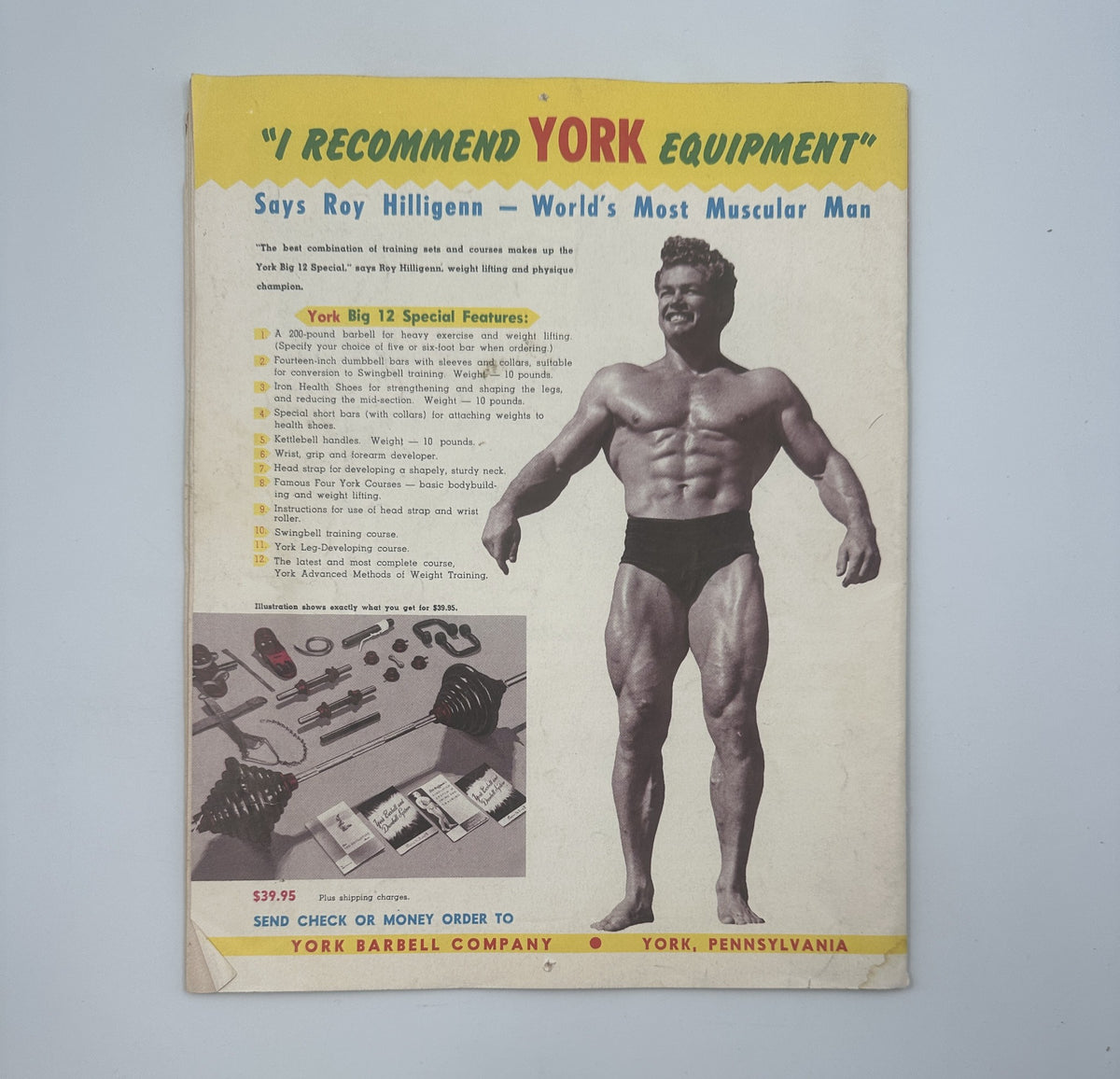 Cover of Strength and Health Magazine, August 1953, showcasing Roy Hilligen, World’s Most Muscular Man, promoting York Equipment with an image of Hilligen posing alongside various weightlifting gear.