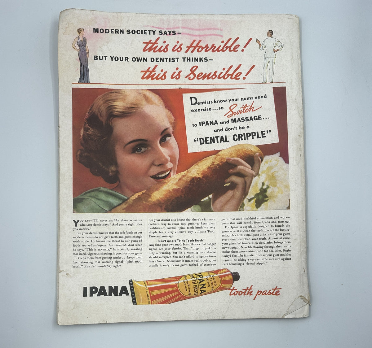 Vintage advertisement from Woman’s Home Companion Magazine June 1936 featuring a smiling woman promoting Ipana toothpaste, with a focus on dental health and wellness. The ad highlights modern dental care and promotes the importance of oral hygiene.