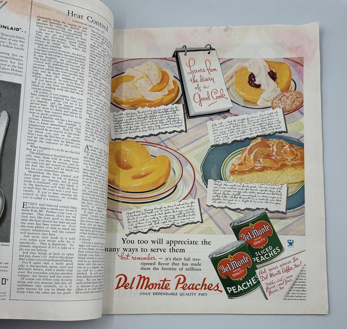 Del Monte Peaches advertisement with appealing visuals of peach dishes and handwritten tips on cooking, found in Woman’s Home Companion Magazine October 1934.