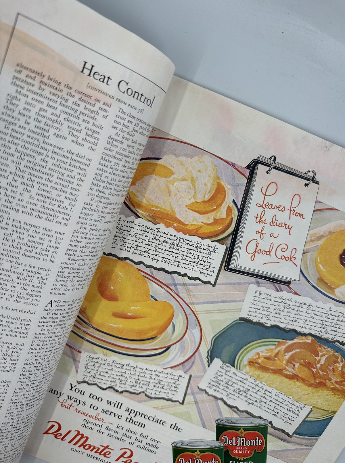 Close-up of the Del Monte Peaches advertisement highlighting peach desserts with a decorative layout. Presented in Woman’s Home Companion Magazine October 1934.