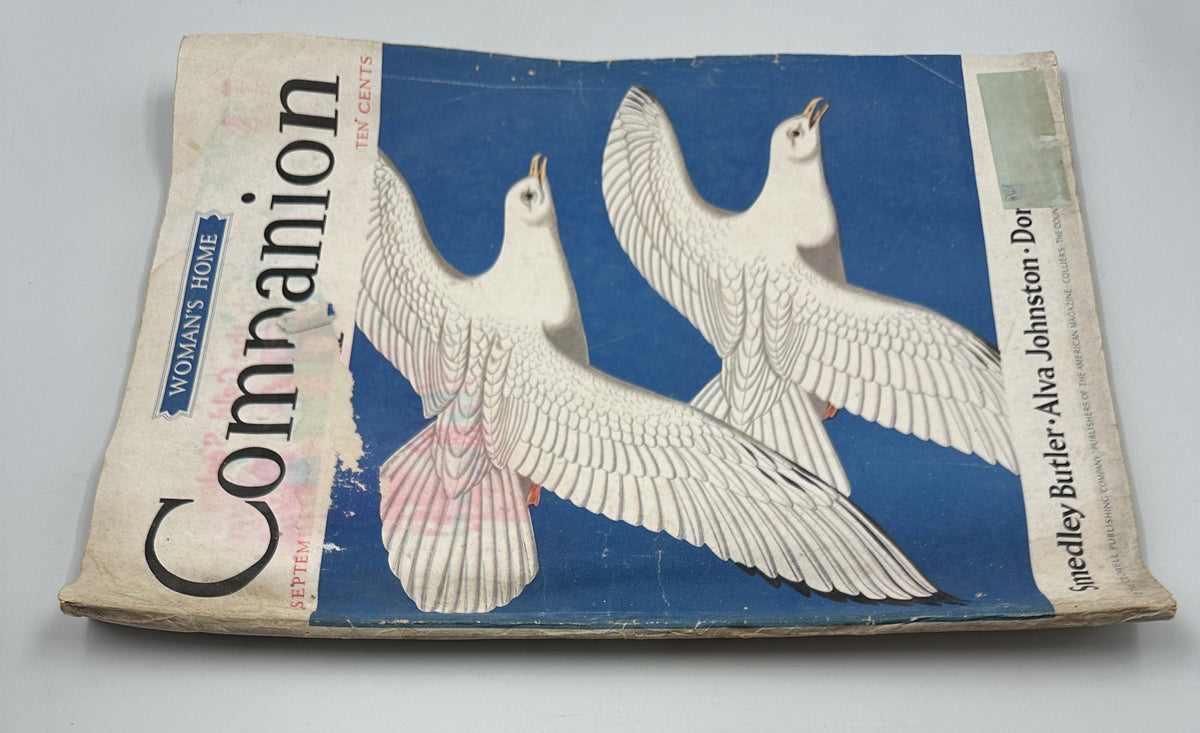 Side view of Woman’s Home Companion Magazine September 1936 depicting birds, detailing the magazine's wear and aging.
