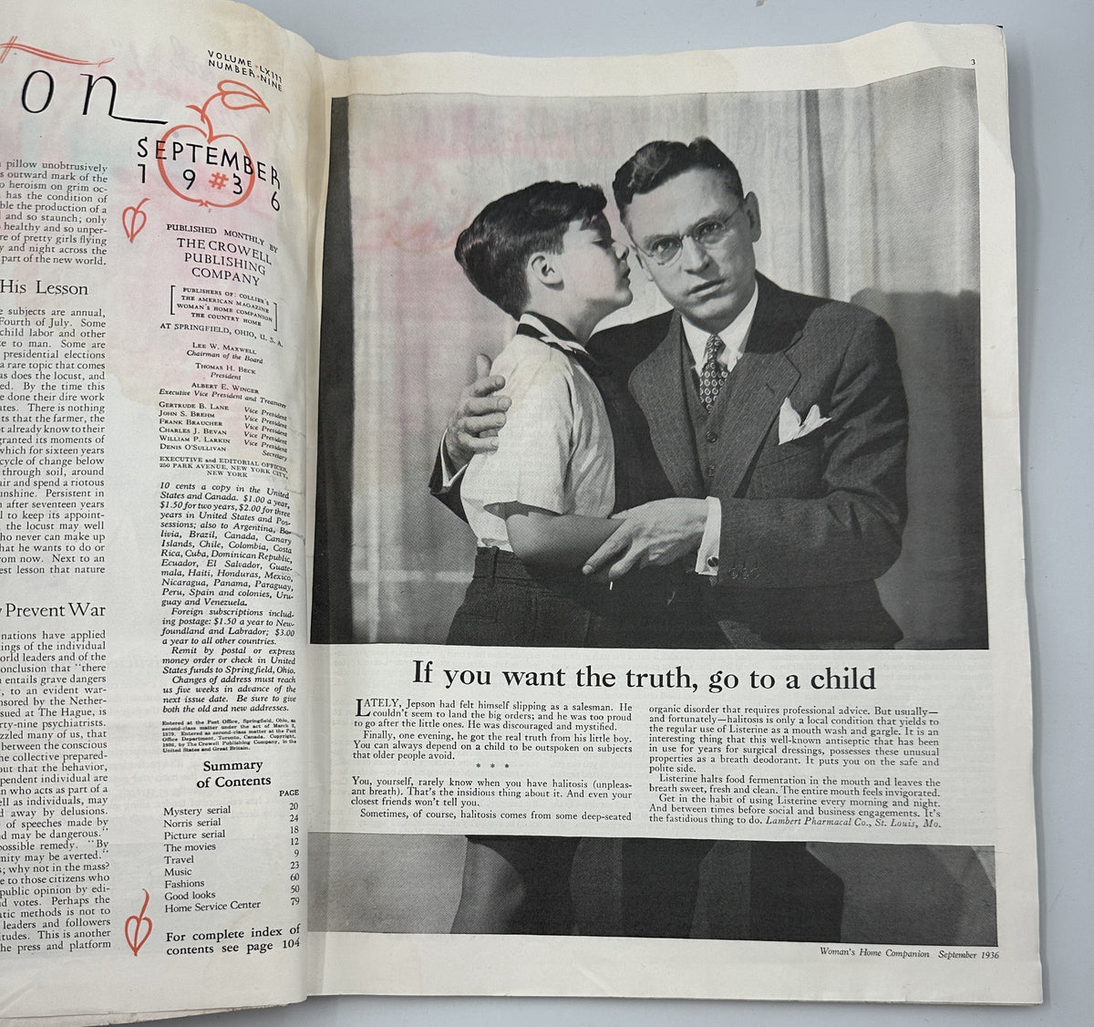 Interior page of Woman’s Home Companion Magazine September 1936 with a black-and-white photograph of a man and a boy, featuring the quote 'If you want the truth, go to a child'.
