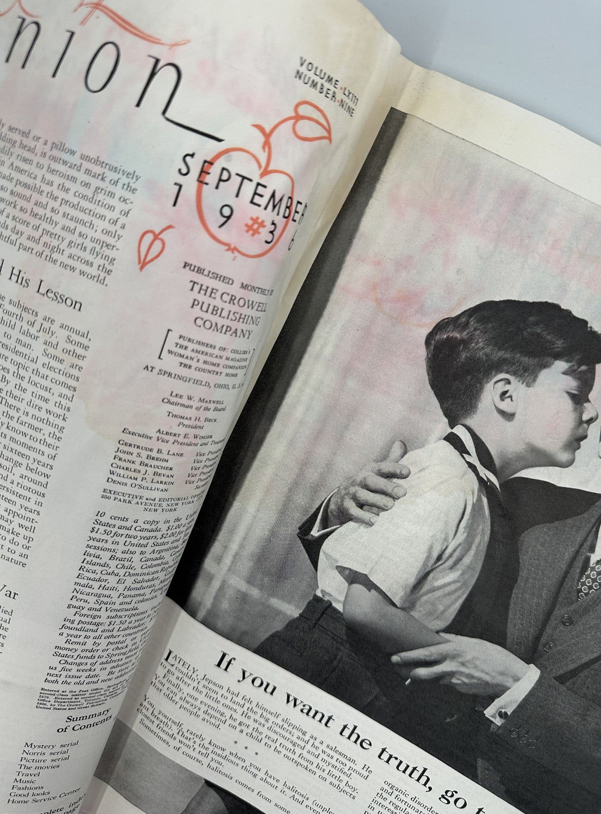 Close-up of the interior page from Woman’s Home Companion Magazine September 1936, showcasing a photograph and text about truthfulness and childhood.