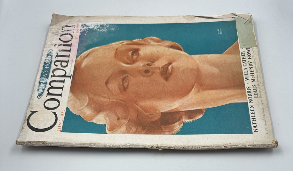 Another angle of the Woman’s Home Companion Magazine June 1935 cover, showcasing the portrait of a woman by Hans Plaw alongside the titles of Kathleen Norris and Willa Cather.