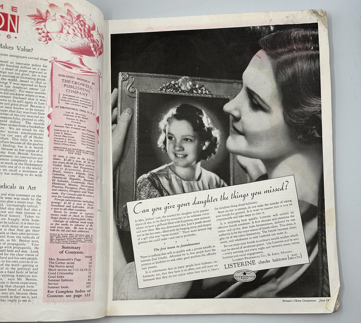 Vintage advertisement from Woman’s Home Companion Magazine June 1935 featuring a woman holding a mirror with a young girl reflected. Cover illustration highlights themes of motherhood and parenting.