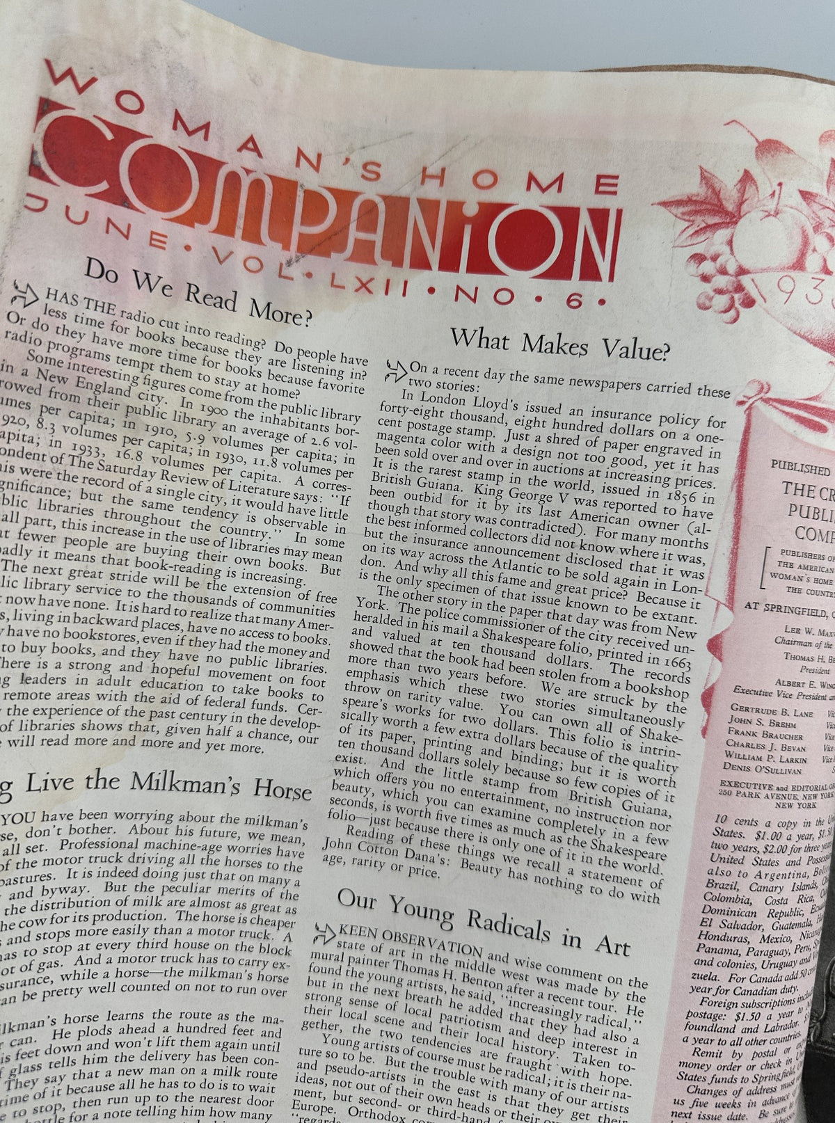 First page of Woman’s Home Companion Magazine June 1935 displaying an article titled 'Do We Read More?' along with the magazine’s title and other content headings, showcasing vintage typography.
