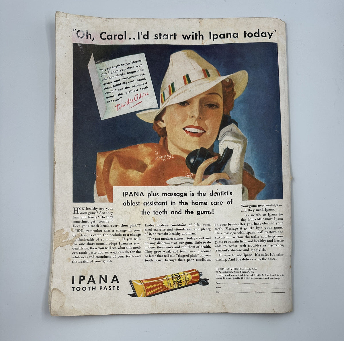 Back cover of Woman's Home Companion Magazine June 1935 showcasing an advertisement for Ipana Toothpaste with a stylish woman wearing a hat. Features content by Kathleen Norris and Willa Cather.