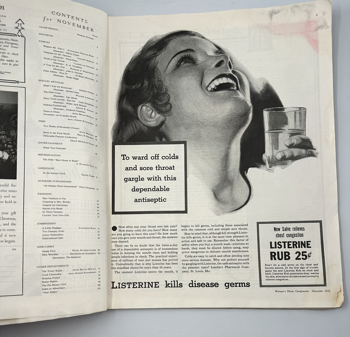 Interior page of Woman’s Home Companion Magazine November 1932 featuring an advertisement for Listerine, highlighting the importance of antiseptics.