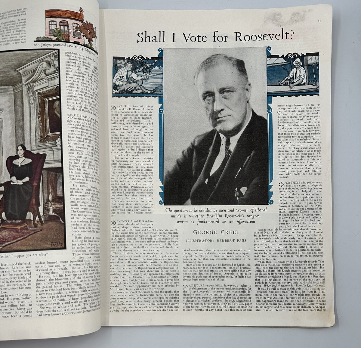 A page from Woman’s Home Companion Magazine November 1932 discussing the editorial question 'Shall I Vote for Roosevelt?', featuring an image of Franklin D. Roosevelt.
