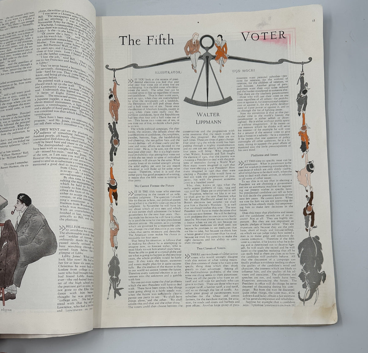 Illustrated page titled 'The Fifth Voter' by Walter Lippmann, published in the Woman’s Home Companion Magazine November 1932. The page features artistic decorations and discussions on voting rights.