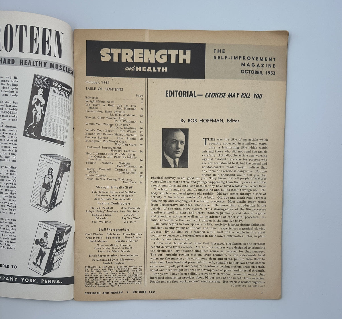 Interior page of Strength and Health Magazine October 1953 with an editorial titled 'Exercise May Kill You' by Bob Hoffman, displaying the Table of Contents.