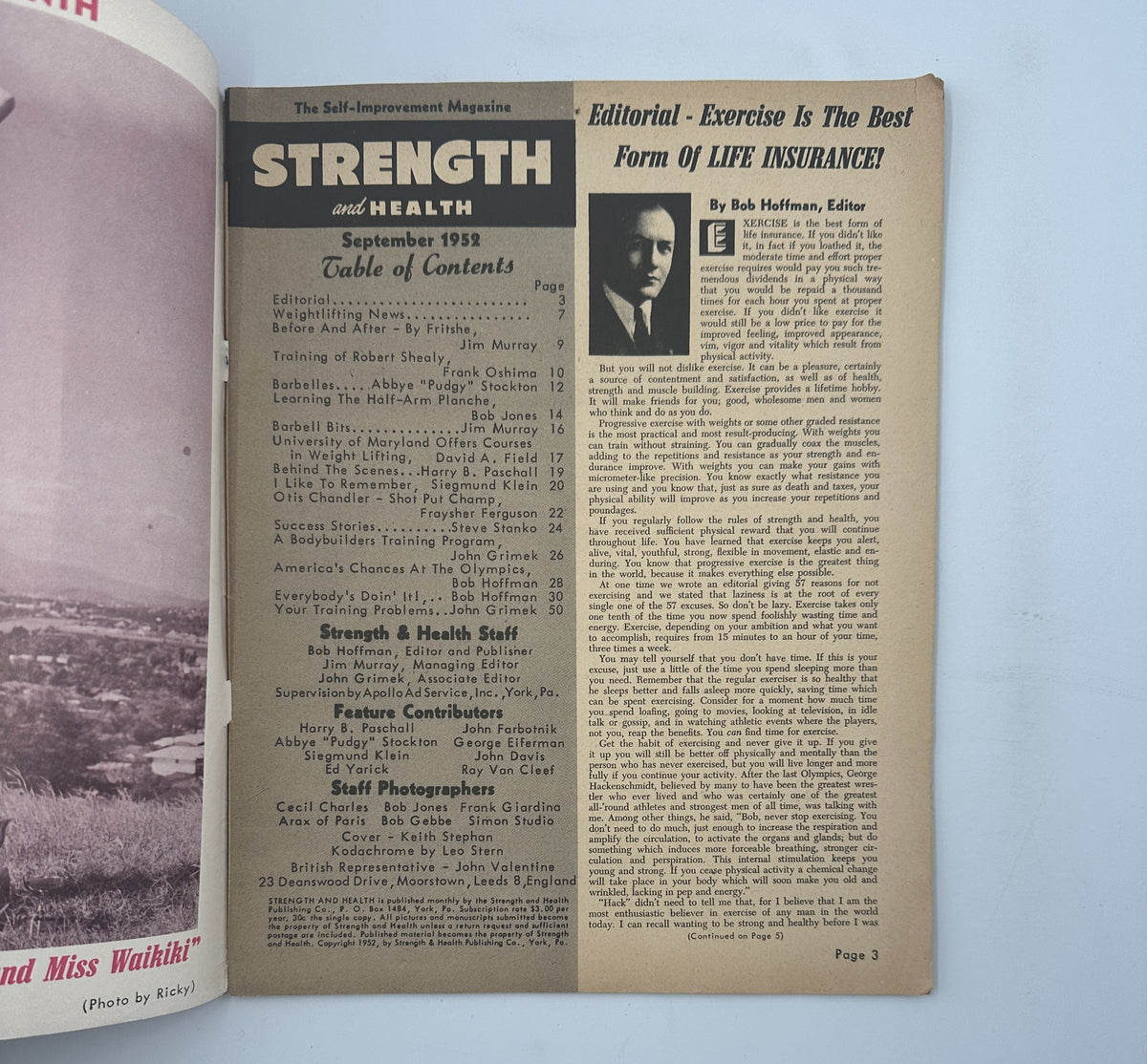 Inside page of Strength and Health Magazine, September 1952, featuring the editorial and Table of Contents by Bob Hoffman.