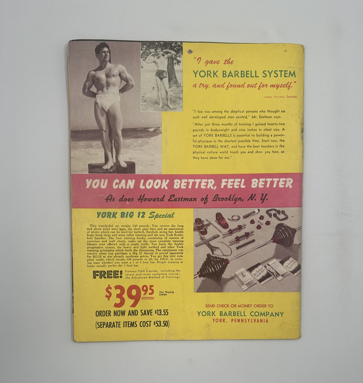 Back cover of Strength and Health Magazine, September 1952 promoting the York Barbell System with a photo of a male model.