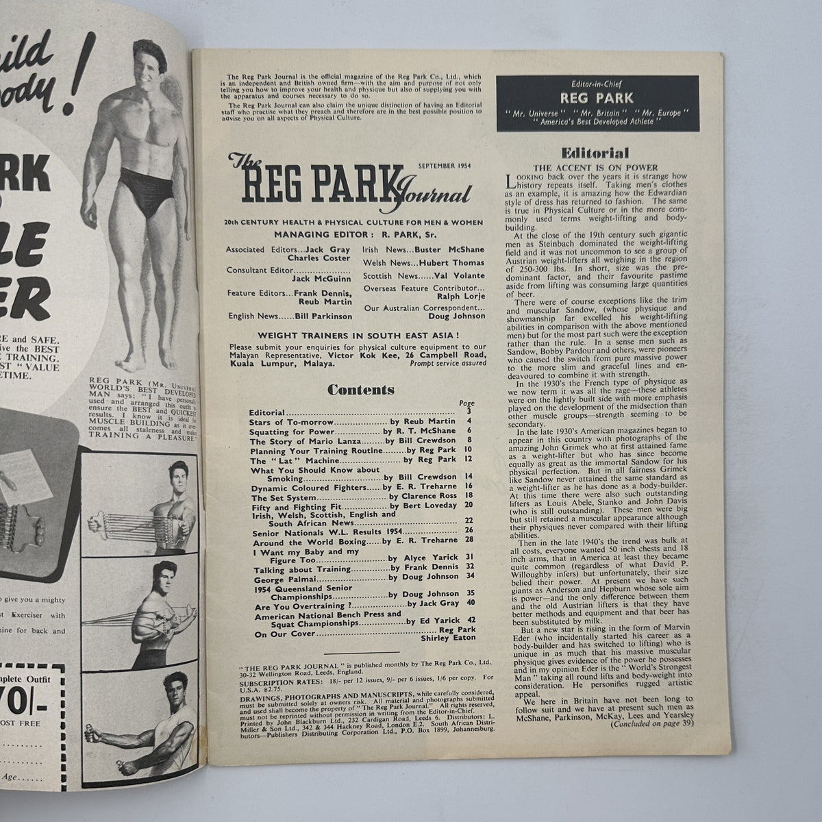 Interior page of The Reg Park Journal Magazine September 1954 with editorial content, including the Table of Contents for fitness articles.